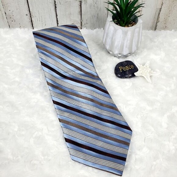 Calvin Klein Striped Silk Tie Blue - Picture 1 of 6